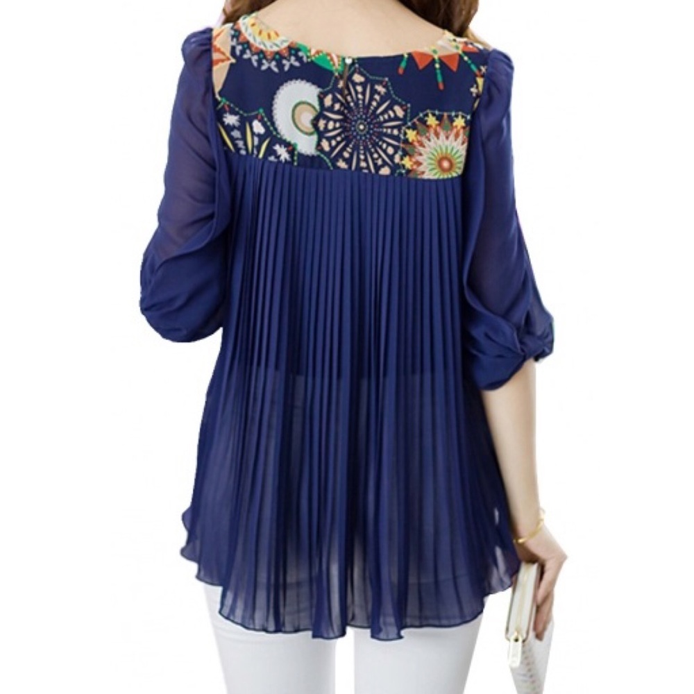 Blue Cream Pattern Chiffon Top - Picture 5 of 9